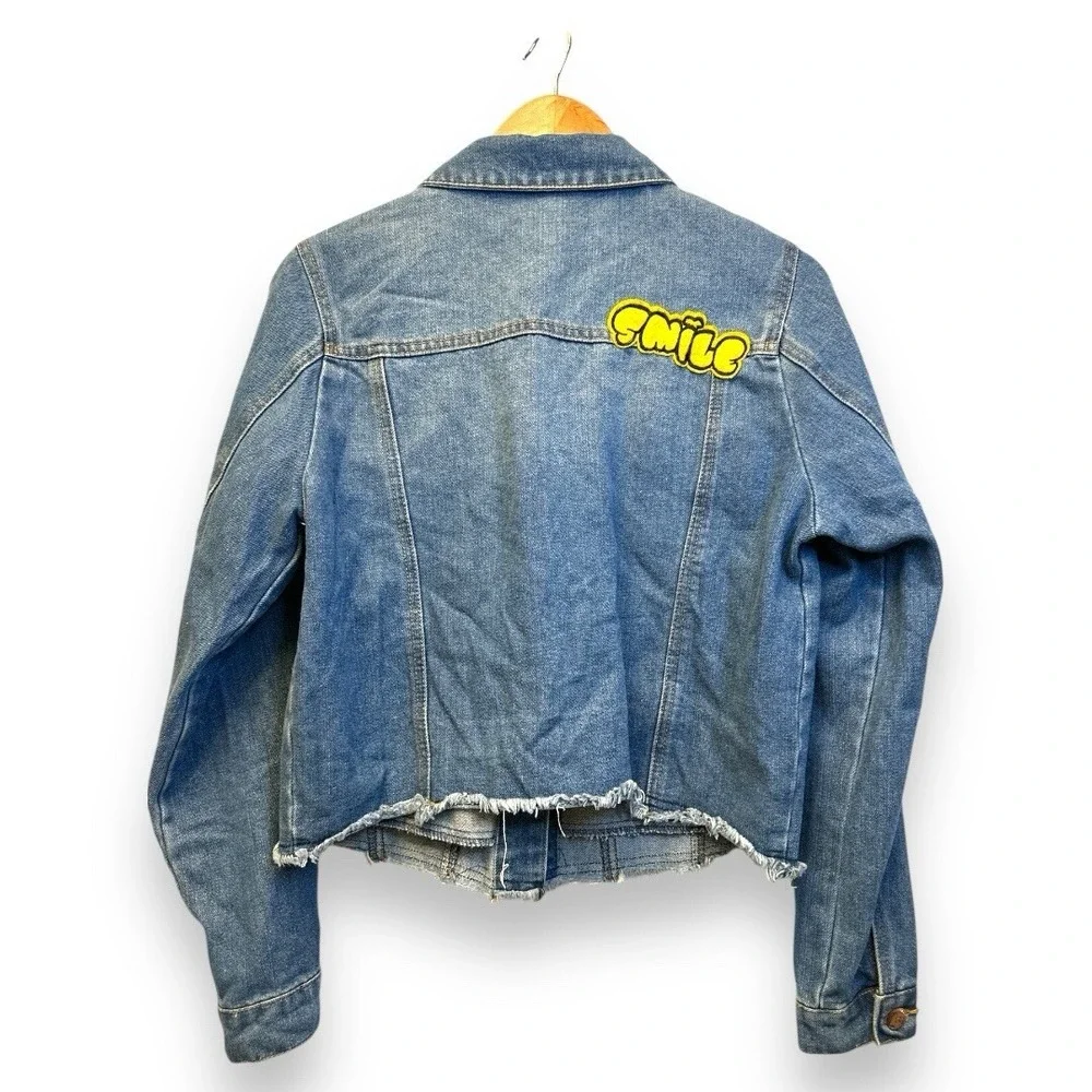 Highway‎ Jeans Womens L Cropped Denim Jacket Patches Sequin M Raw Hem VD7901HJMJ